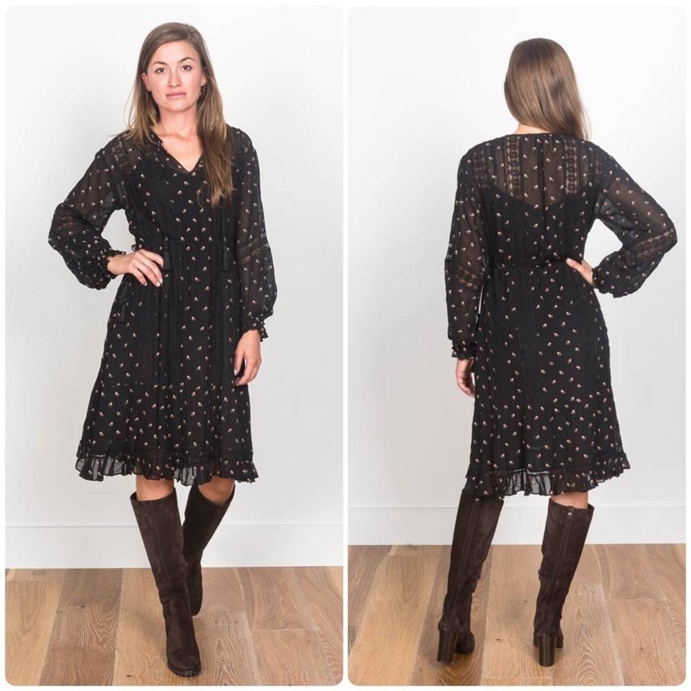 New! Ulla Johnson Myna Embroidered Rosette Black Floral Tassel Dress 🌹 size 0